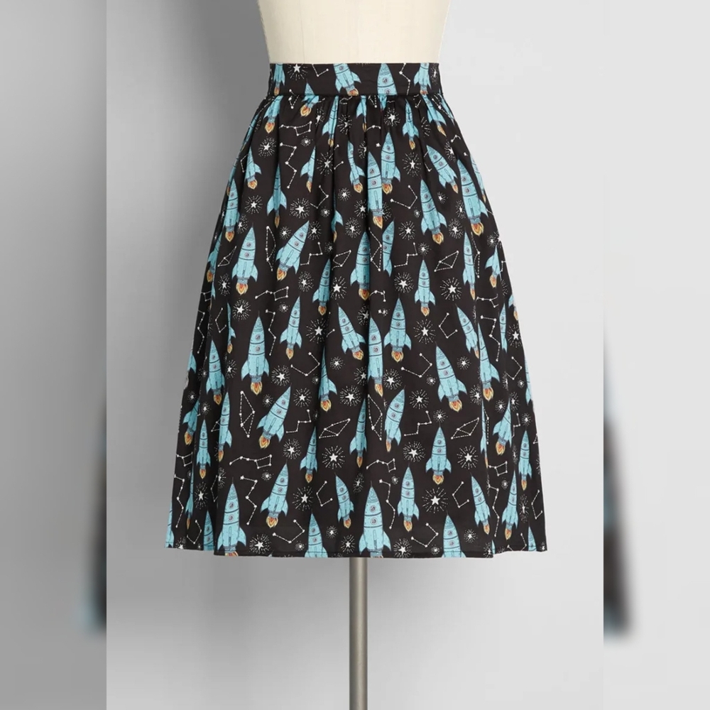 Modcloth Black and Blue Rocket Print A-Line Skirt